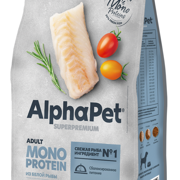 ALPHAPET SUPERPREMIUM (монопрот), Сухой корм д/собак средних и крупных пород с белой рыбой, 2 кг.