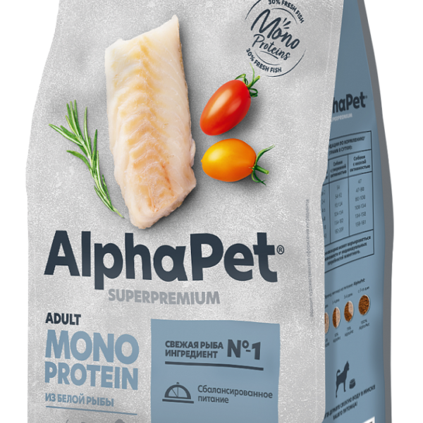 ALPHAPET SUPERPREMIUM (монопрот), Сухой корм д/собак мелких пород с белой рыбой, 1,5 кг.