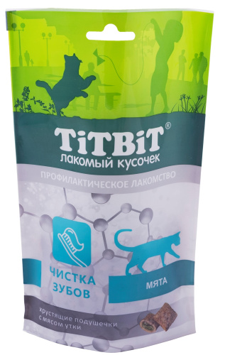 TIT-BIT, Лак-во д/кошек, хру-щие под-ки д/чистки зубов, с мясом утки и мятой, 60 гр.