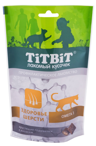 TIT-BIT, Лак-во д/кошек, хру-щие под-ки д/шерсти, с лососем, 60 гр.