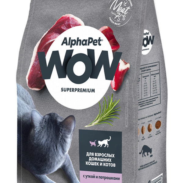 ALPHAPET WOW, Сухой корм д/домашн. кошек утка и потрошки, 350 гр.