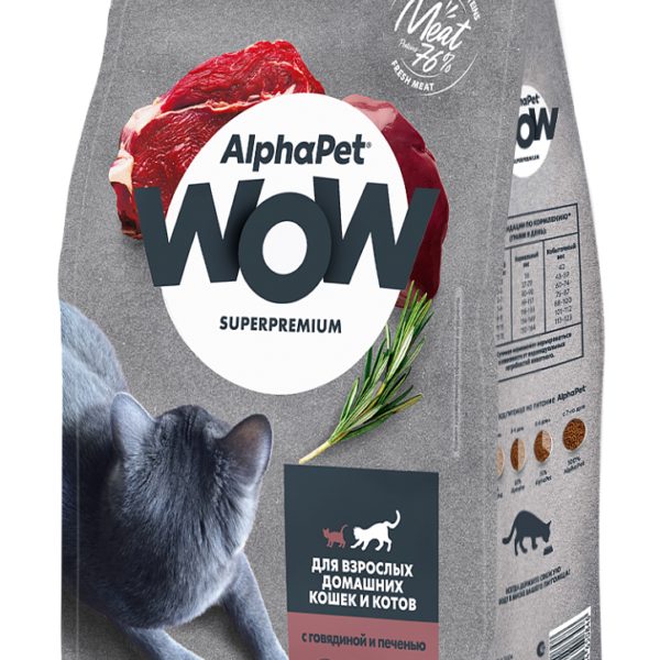 ALPHAPET WOW, Сухой корм д/домашн. кошек и котов говяд. печень, 750 гр.