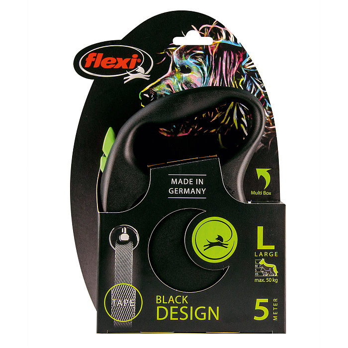 FLEXI, Рулетка Black Design L (до 50 кг) 5 м, лента, черный/зеленый