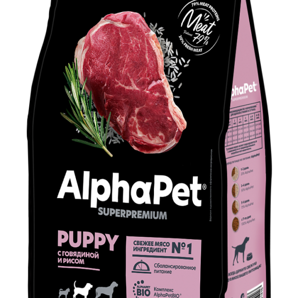 ALPHAPET SUPERPREMIUM, Сухой корм д/щенков и кормящ. сук средних пород говядина/рис, 2 кг.