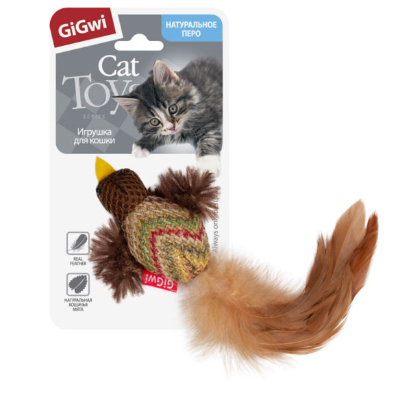 GIGWI, Игрушка д/кошек, птичка с перьями, ткань, куриное перо