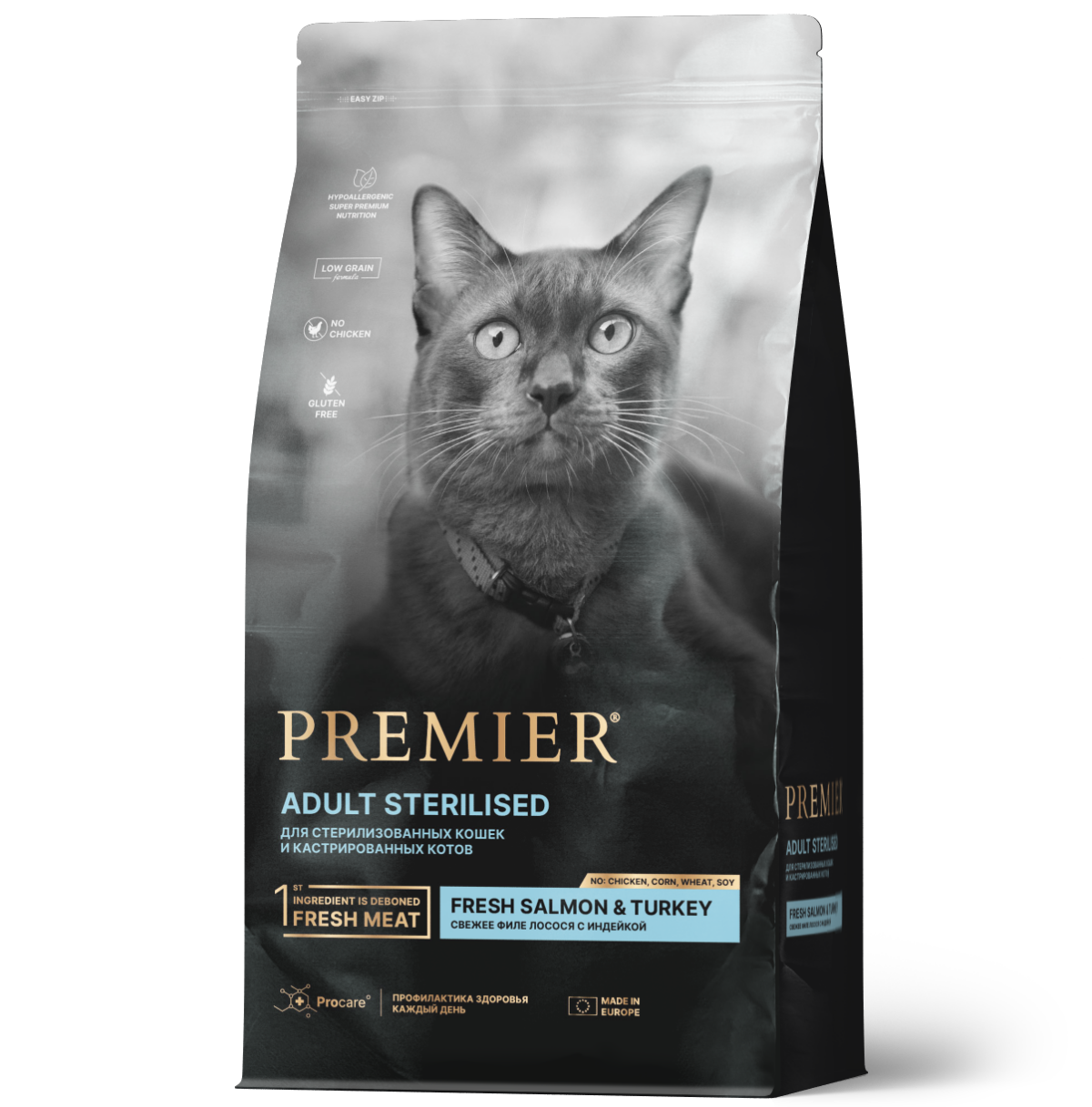 PREMIER CAT, Сухой корм д/стерил. кошек с филе лосося и индейкой, 400 гр.