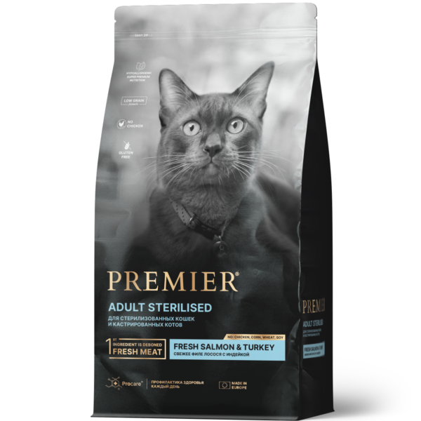 PREMIER CAT, Сухой корм д/стерил. кошек с филе лосося и индейкой, 400 гр.