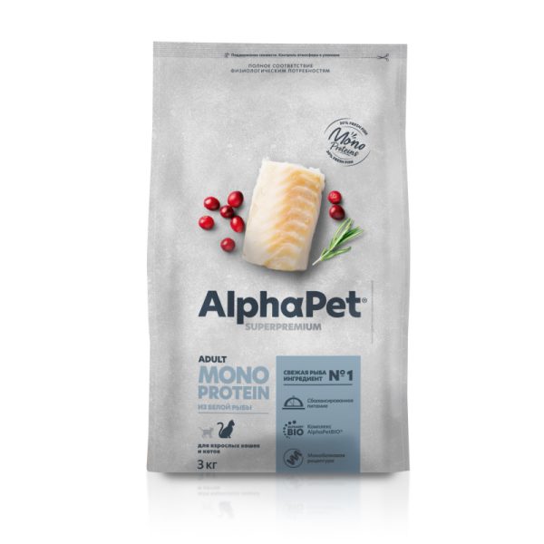ALPHAPET SUPERPREMIUM (монопрот), Сухой корм д/кошек с белой рыбой, 3 кг.