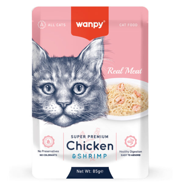 WANPY, Влажный корм пауч д/кошек из курицы и креветок, 85 гр.