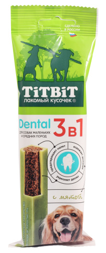 TIT-BIT, Лак-во д/собак, DENTAL 3в1, с мятой д/собак мелких и средних пород, 110 гр.