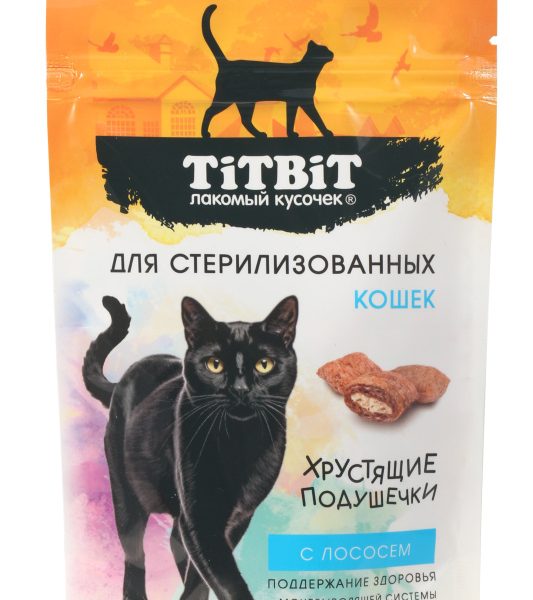 TITBIT, Лак-во д/кошек хрустящие подушечки с лососем, 60 гр.