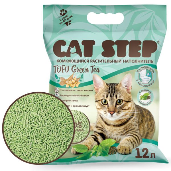 CAT STEP, Наполнитель соевый, GREEN TEA, 12 л.