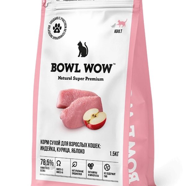 BOWL WOW, Сухой корм д/взрослых кошек, с индейкой и яблоком, 1,5 кг.