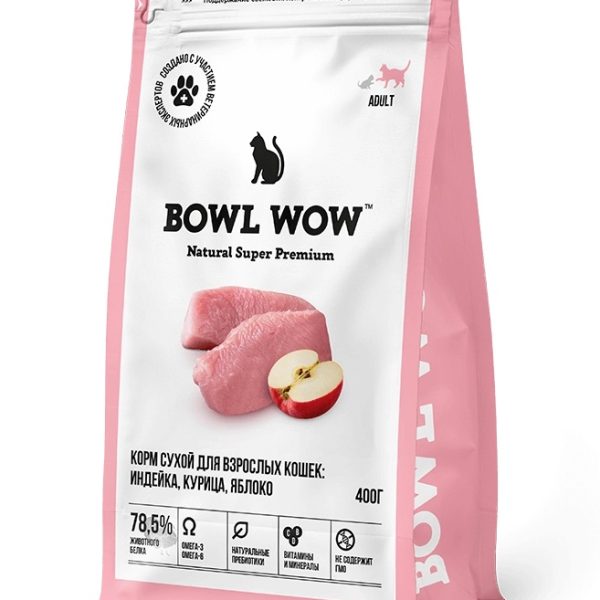 BOWL WOW, Сухой корм д/взрослых кошек, с индейкой и яблоком, 400 гр.