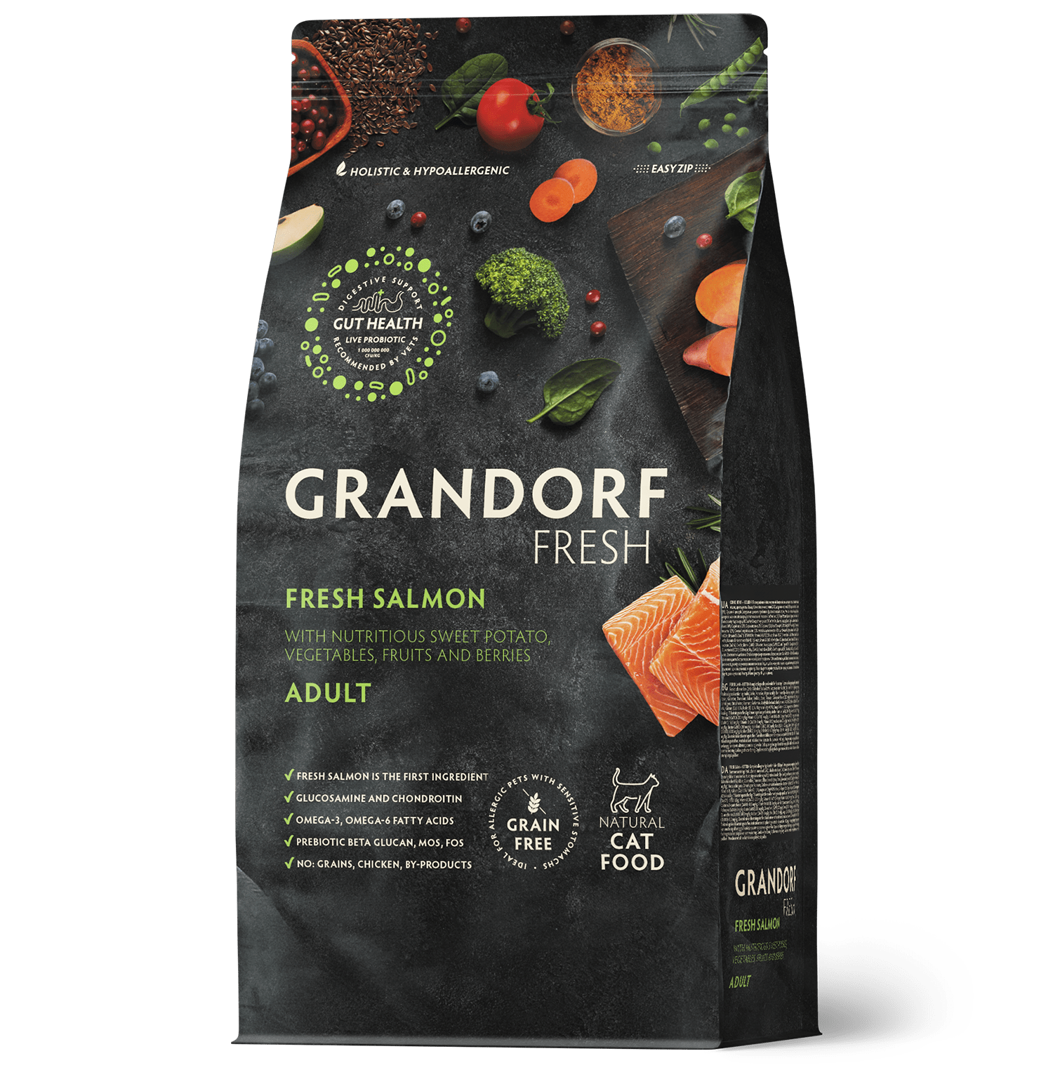 GRANDORF FRESH CAT, Сухой корм д/взрослых кошек, со свежим лососем и  бататом, 0,4кг