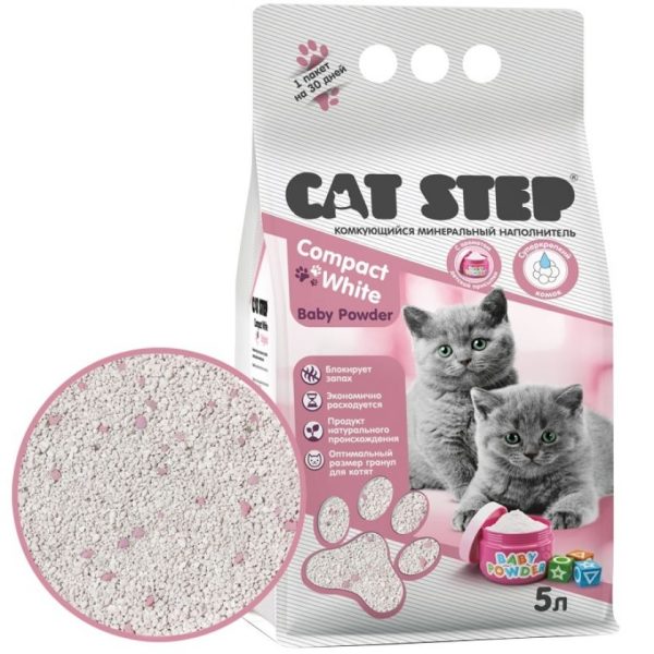 CAT STEP, Наполнитель минеральный white baby powder, с аром. детской присыпки, 5 л./4,2 кг.