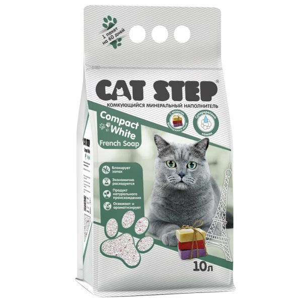 CAT STEP, Наполнитель минеральный white french soap, с аром. француз мыла, 10 л./8,4 кг.