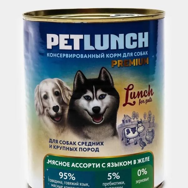 PETLUNCH, Консервы д/собак средних и крупных пород, мясное ассорти с языком в желе, 400 гр.