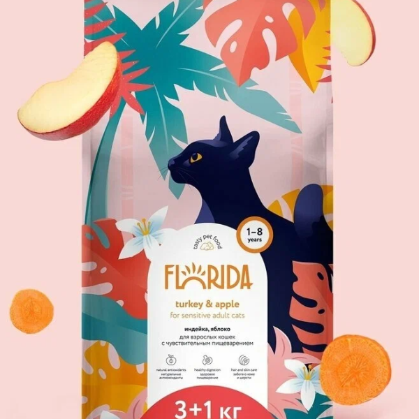 FLORIDA, Сухой корм д/взросл. кошек, с чувствительным пищеварением индейка/яблоко, 3+1 кг.