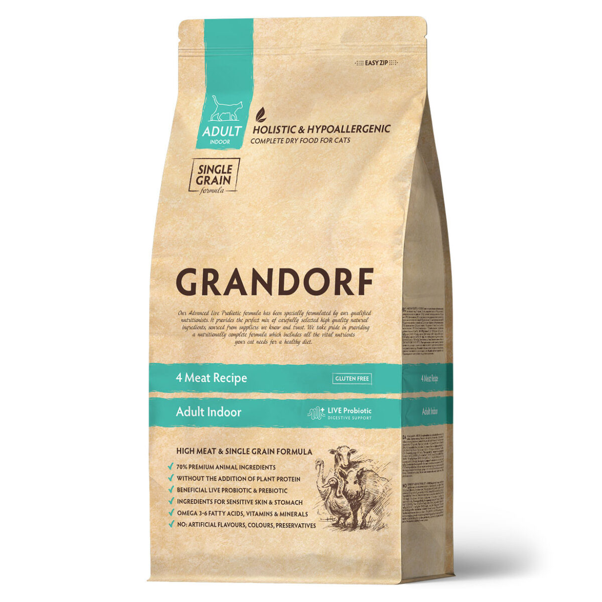 GRANDORF CAT, Сухой корм д/взрос. домашних кошек, 4 вида мяса с проб-ками, 400 гр.