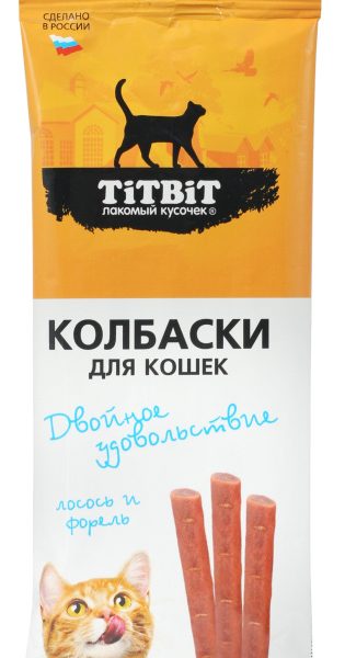 TITBIT, Лак-во д/кошек, колбаски Двойное удовольствие с лососем и форелью,45г.