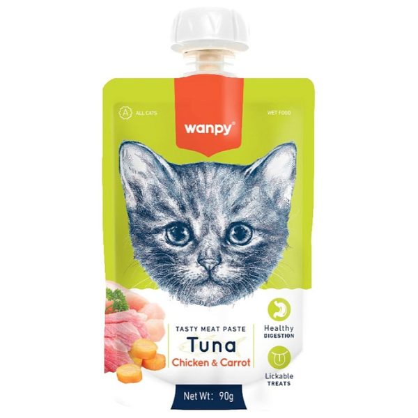 WANPY CAT, Лакомство д/кошек мясной мусс из тунца и курицы с морковью, 90 гр.