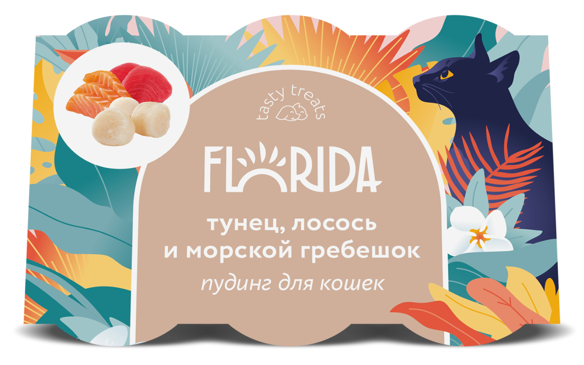 FLORIDA, Пудинг д/кошек "тунец, лосось и морской гребешок", набор 6 шт