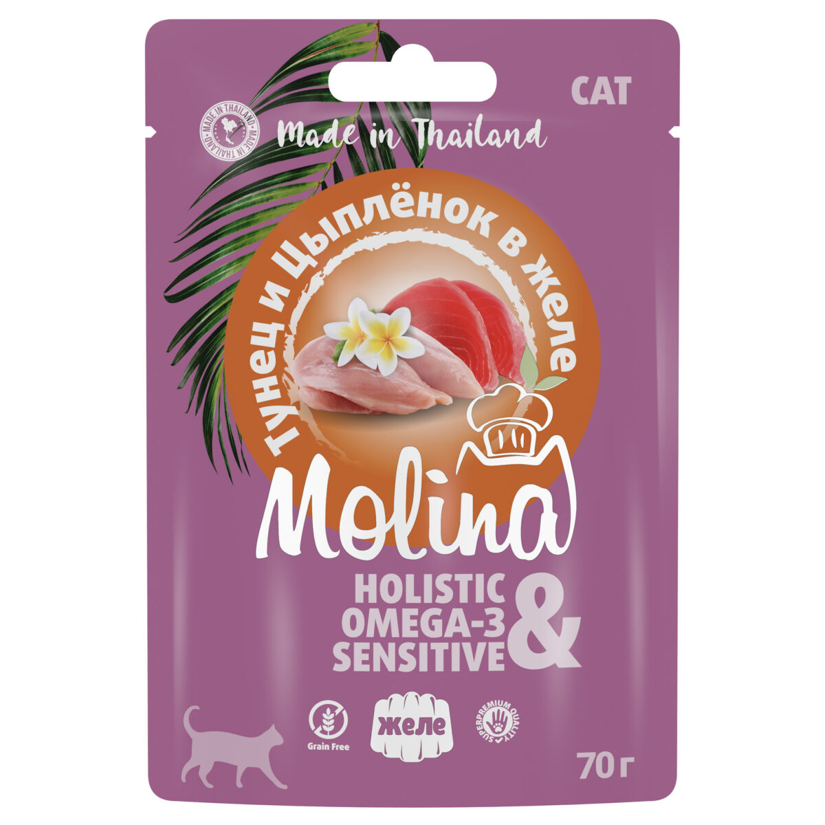 MOLINA, Паучи д/кошек тунец с цыпленком в желе, 70 гр.