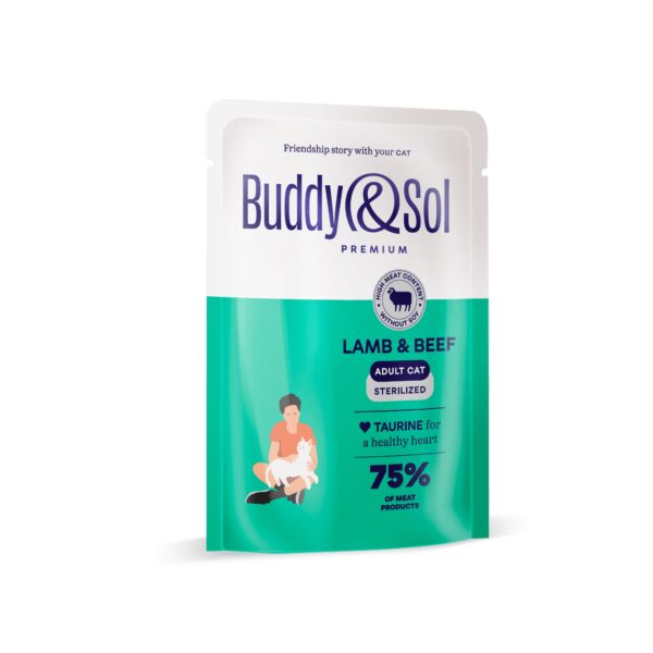 BUDDY&SOL, Паучи д/стерилиз. кошек кусочки в соусе с ягненком и телятиной, 85 гр.