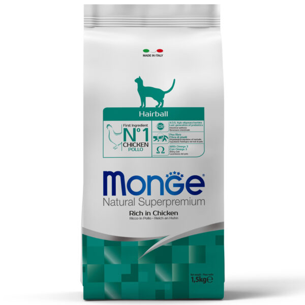 MONGE CAT, Сухой корм д/кошек для выведения шерсти, курица, 1,5 кг.