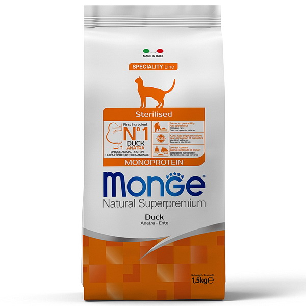 MONGE CAT Monoprotein, Сухой корм д/стерилиз. кошек, утка, 1,5 кг.