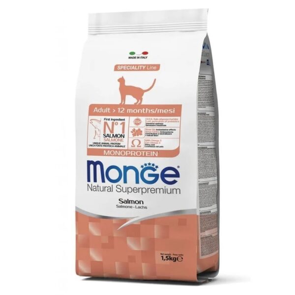 MONGE CAT Monoprotein, Сухой корм д/взрослых кошек, лосось, 1,5 кг.