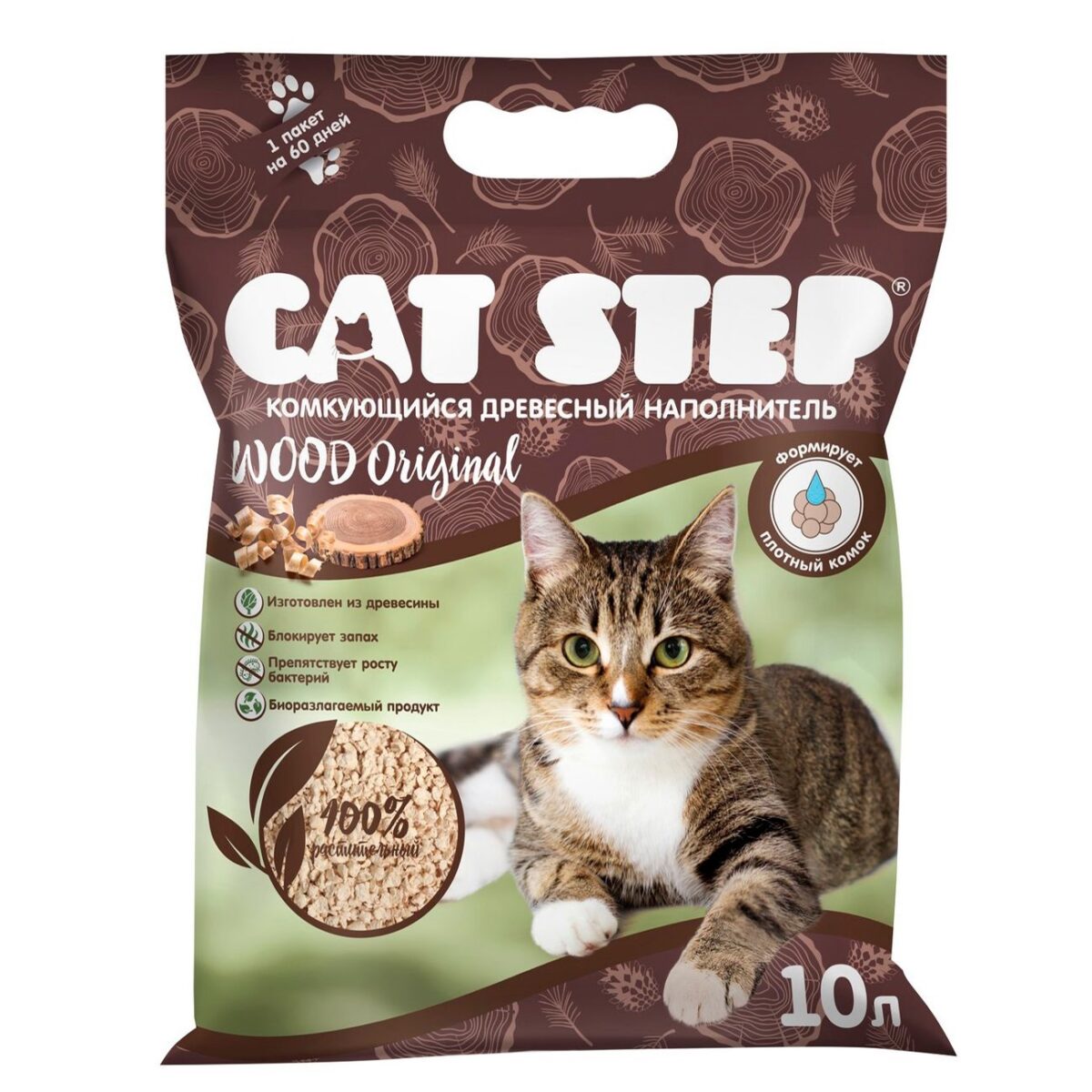 CAT STEP, Наполнитель комкующий древесный д/кошек, 10 л.