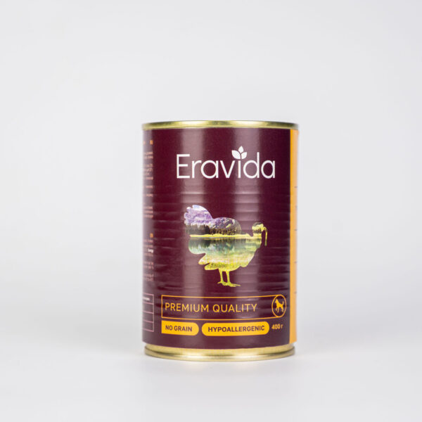 ERAVIDA, Консервы д/собак, фарш с кусочками индейки, 400гр.