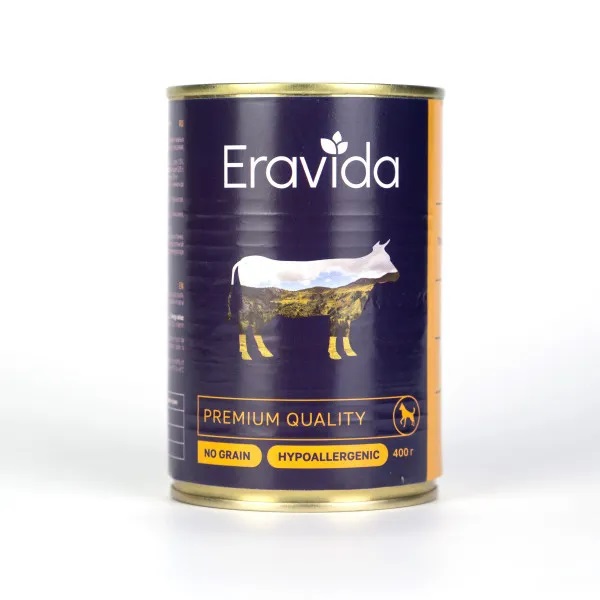 ERAVIDA, Консервы д/собак, фарш с кусочками говядины, 400гр.