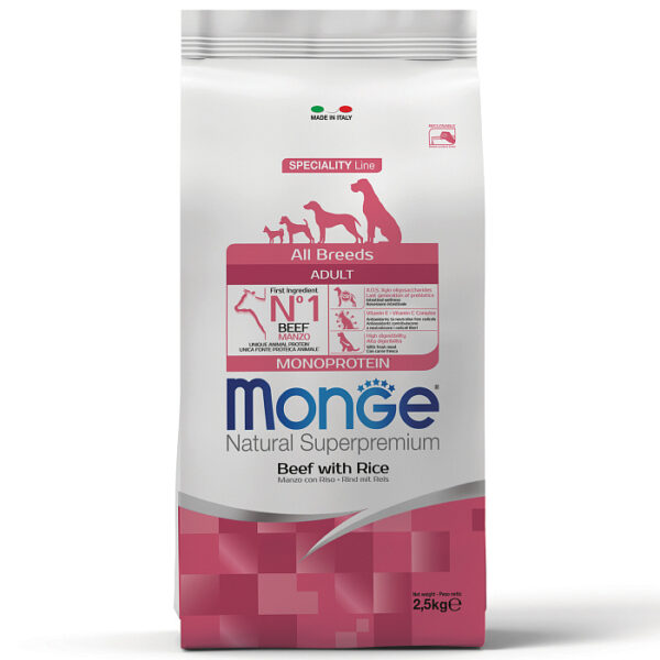 MONGE DOG, Сухой корм д/собак всех пород, говядина и рис, 2,5 кг.
