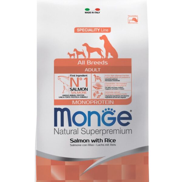 MONGE DOG, Сухой корм д/собак всех пород, лосось и рис, 2,5 кг.