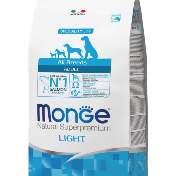 MONGE DOG, Сухой корм д/собак всех пород низкоколорийный, лосос и рис, 2,5 кг.