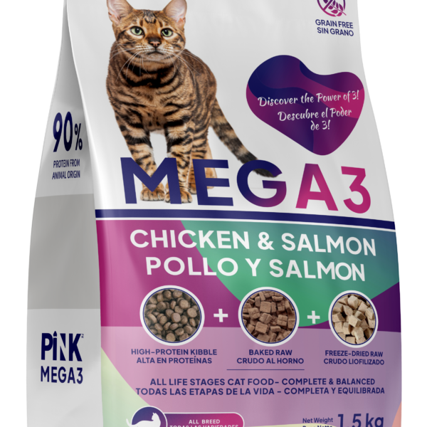PINK MEGA 3, Сухой корм д/кошек всех возрастов из курицы с лососем + запеч. и сублим. мясо, 1,5 кг.