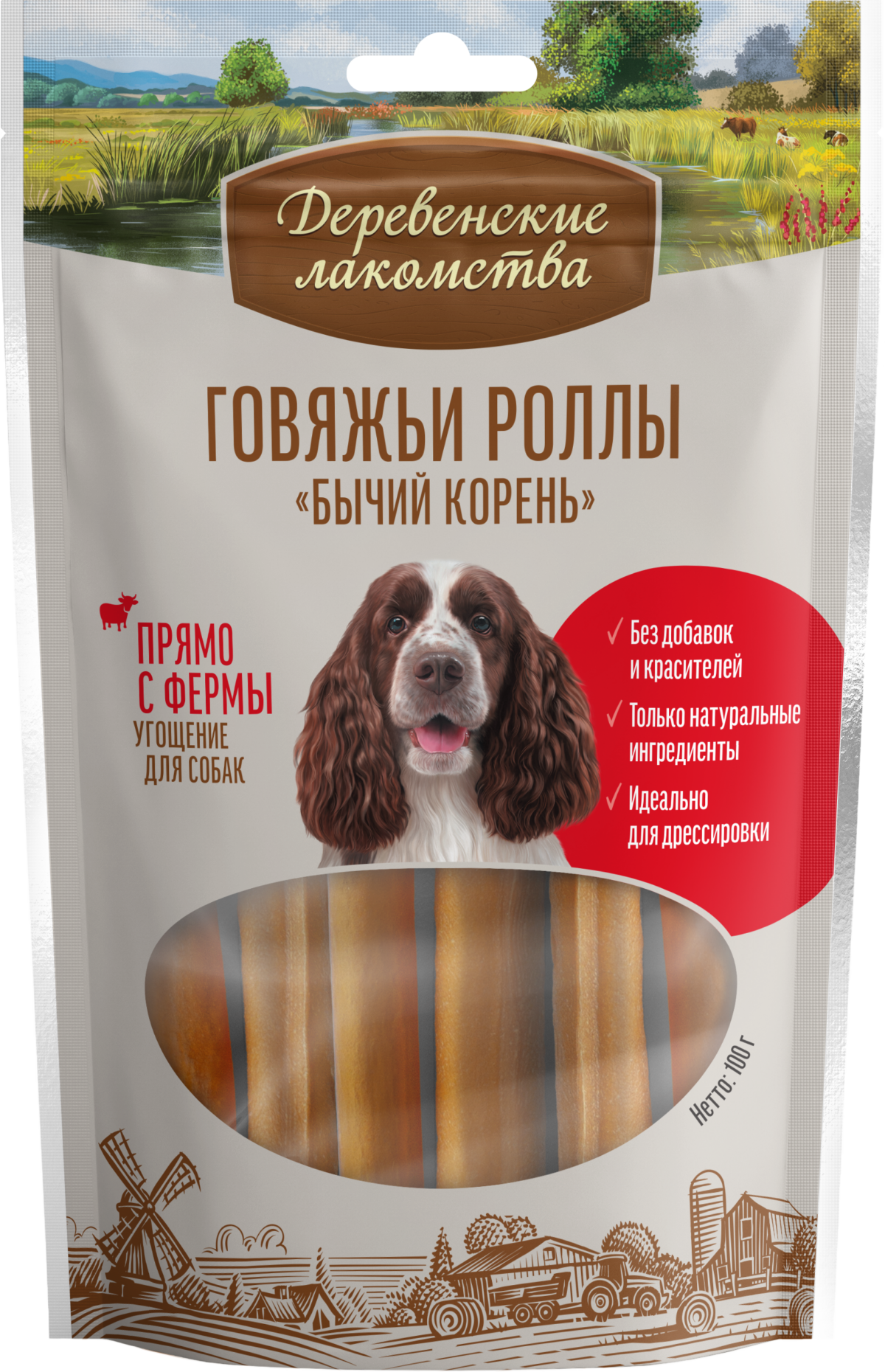 ДЕРЕВЕНСКИЕ Л-ВА, Лакомство д/собак, говяжьи роллы "бычий корень", 12 см, 100 гр.