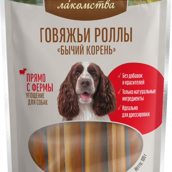 ДЕРЕВЕНСКИЕ Л-ВА, Лакомство д/собак, говяжьи роллы "бычий корень", 12 см, 100 гр.